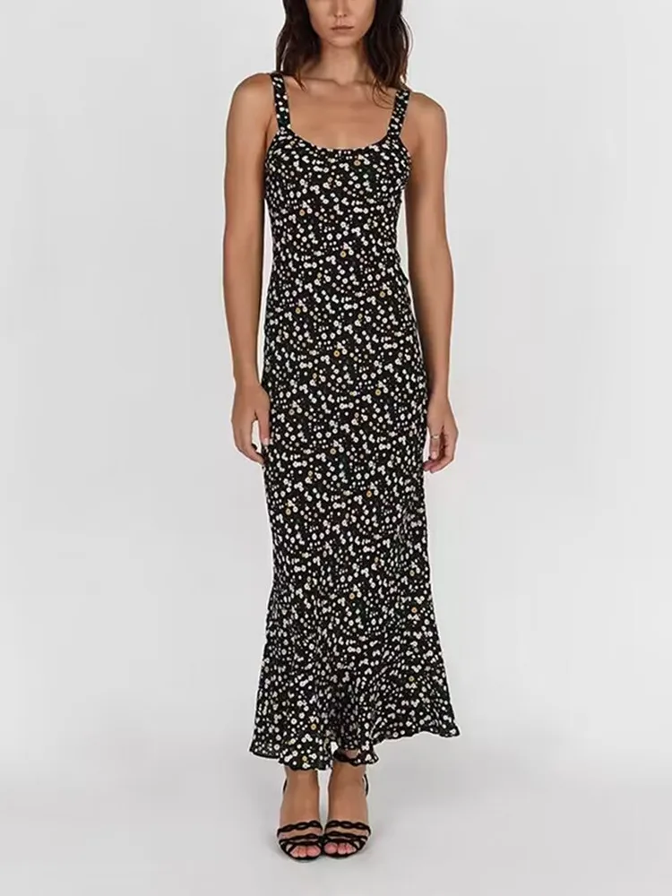 

Women Midi Dress A-Line High Waist Print Sleeveless Vintage Sling Robe
