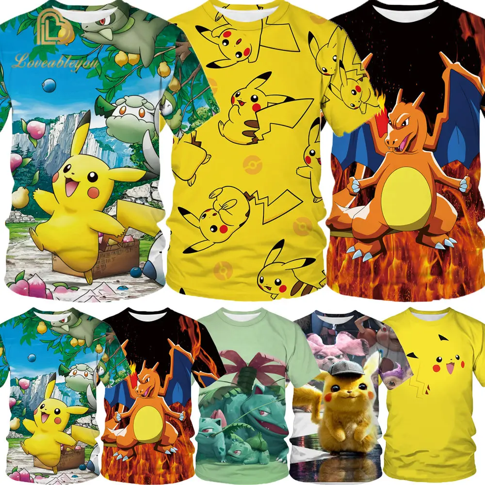 

Pokemon Pikachu Short Sleeve T-Shirt Summer Cute Cartoon Design Loose Versatile Casual Boy Girl Tops Bottom Child Fashion