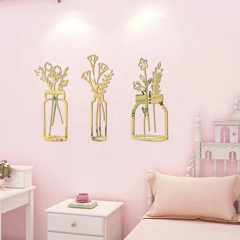 

3D Three-dimensional Hollow Vase Acrylic Mirror Sticker For Home Decoration Self-adhesive Mirror Wall Sticker 2mm