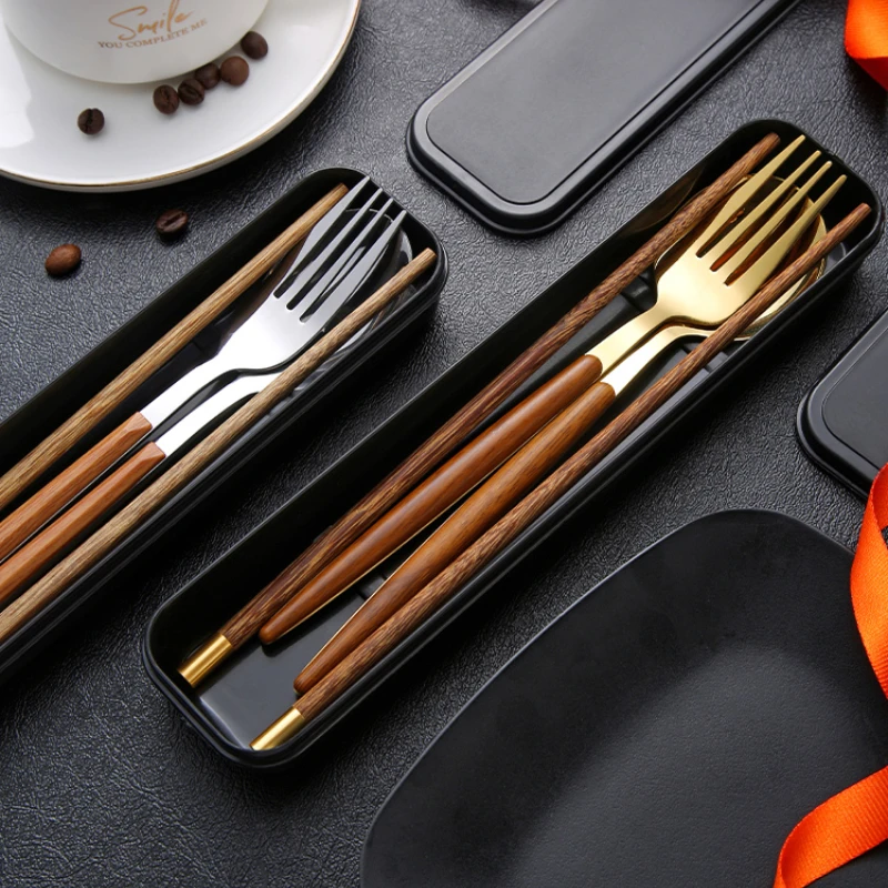 

Chopsticks Spoon Set One Person One Chopsticks Portable Tableware Student Storage Box Fork Single Wooden Chopsticks Three-piece