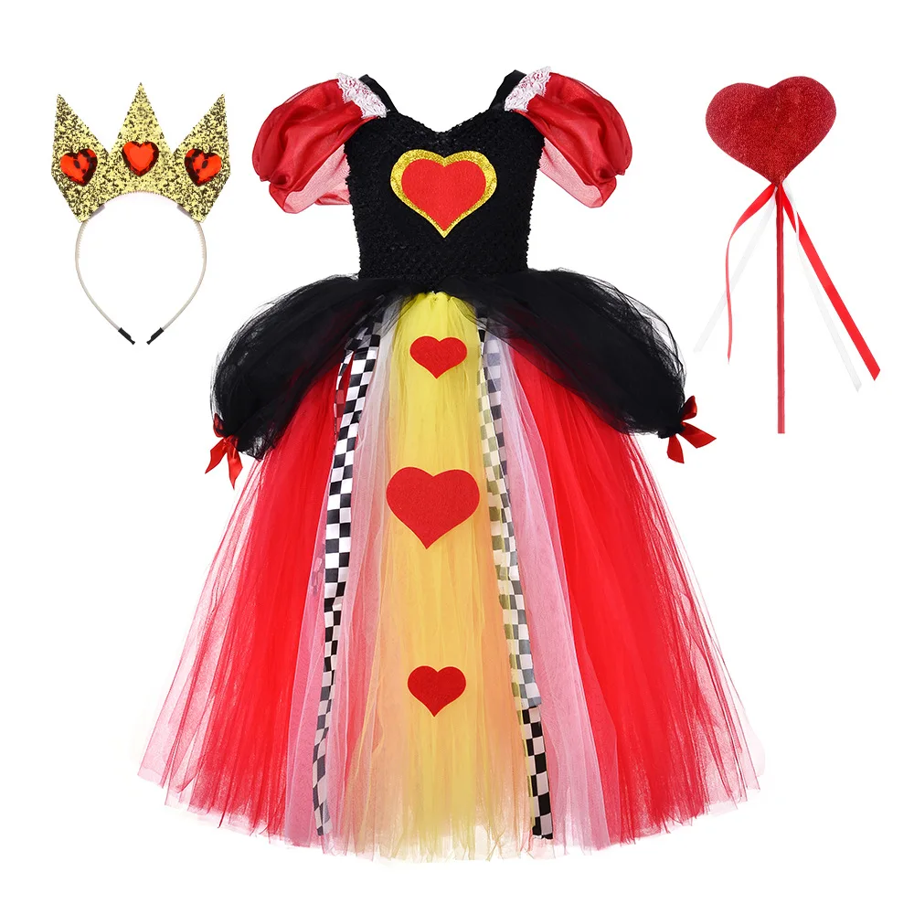 

Red Black Queen of Hearts Tutu Dress for Girls Carnival Halloween Costume Kids Girl Alice Cosplay Long Dresses Children Outfit