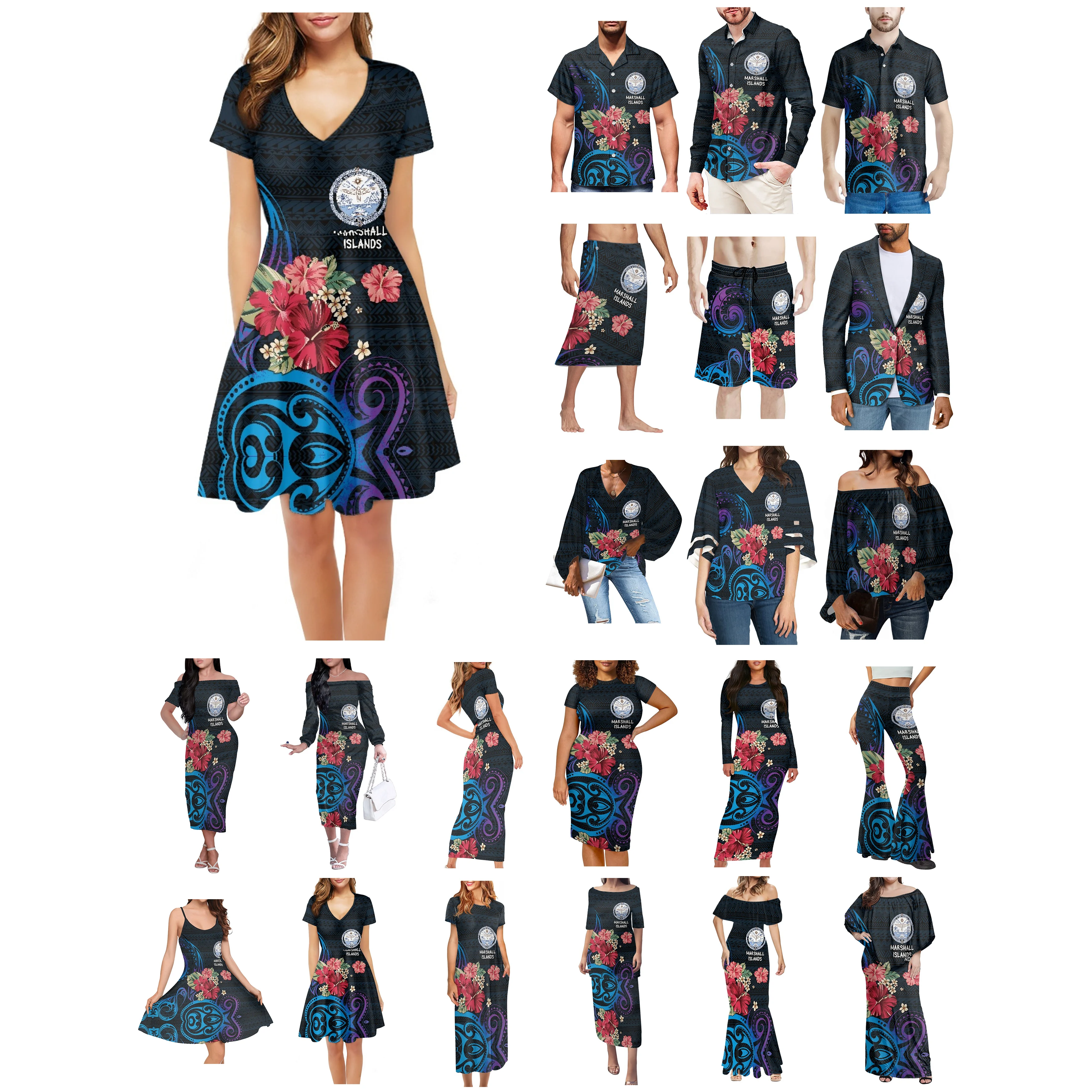 

Полинезийские Маршалловы Острова, одежда с татуировками, женское платье, подходящая Мужская рубашка, дышащая повседневная одежда для любителей гибискуса