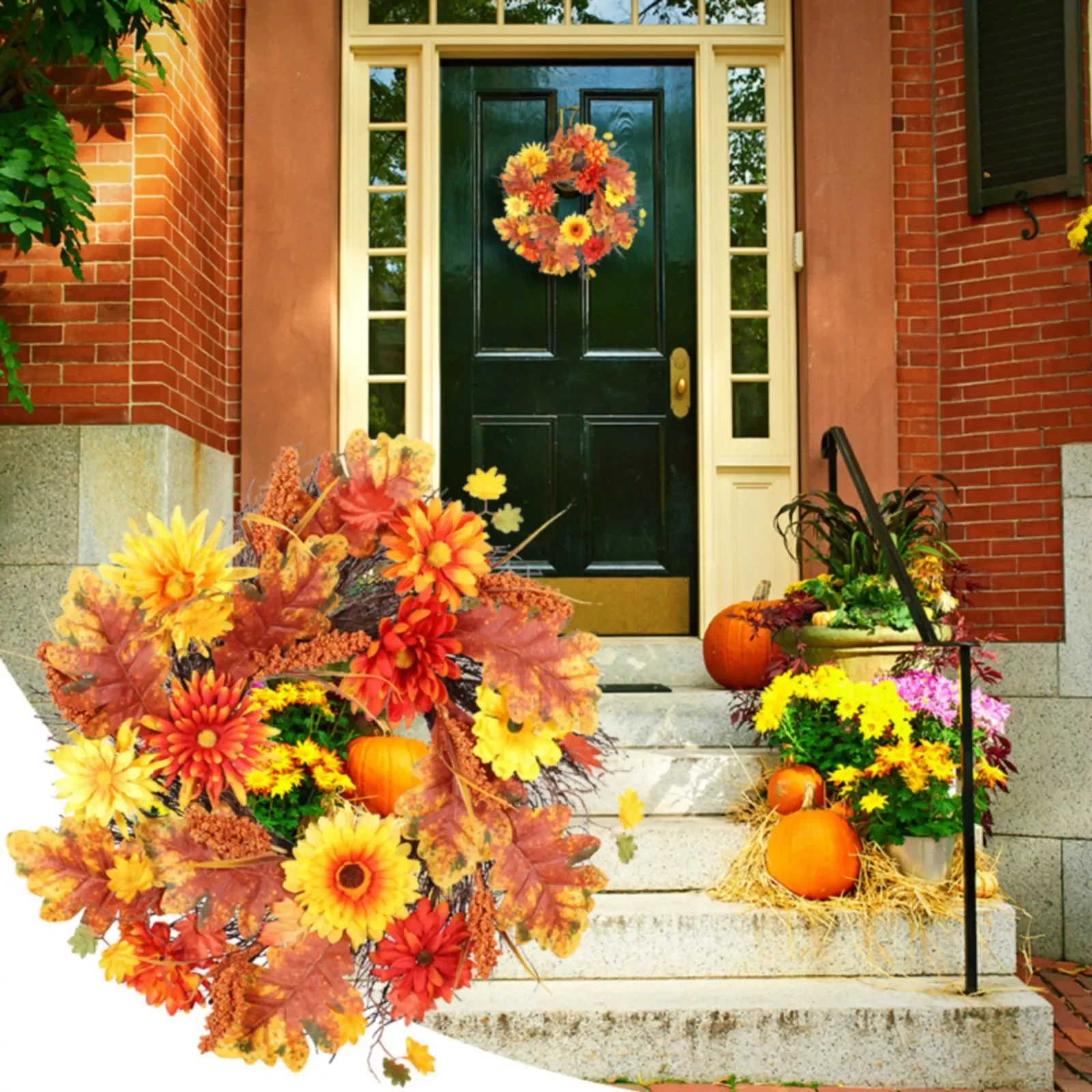 

NEW2023 Autumn Sun Chrysanthemum Wreath Thanksgiving Maple Leaf Decoration Garland Wall Hanging Festival Wheat Outdoor Lighted C