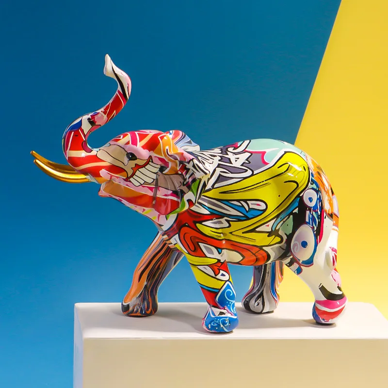 

Pop Art Resin Graffiti Elephant Figurines Animal Statue Living Room Bathroom Kitchen Table Home Decoration Accessories Office