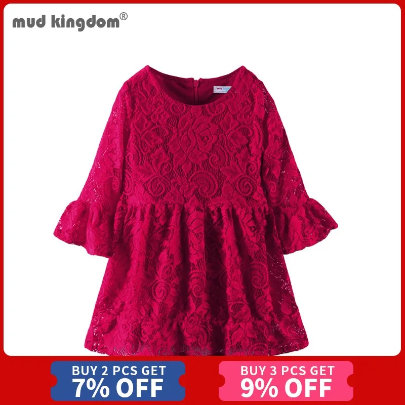 

Mudkingdom Fashion Little Girl Dress Flared Solid Long Sleeve Lace Fashion A-line Dresses for Girls Clothes Kids Clothing