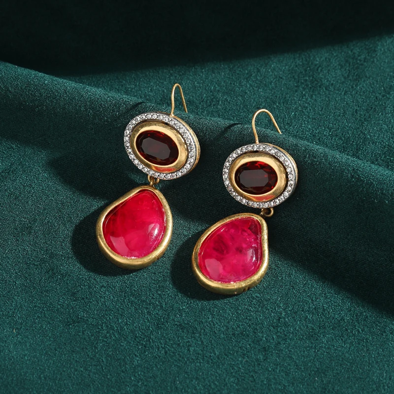 Винтажные овальные розовые красные серьги из натурального камня с подвеской в