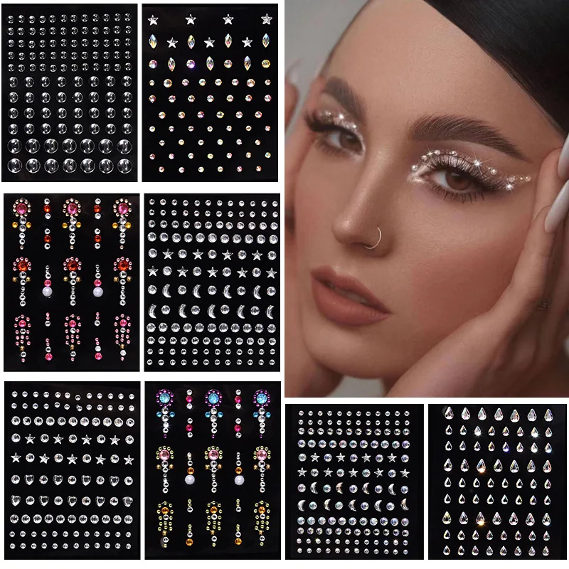 1 Pcs Disposable Tattoo Stickers Face Jewelry Color Crystal Diamond DIY Eyes Face Body Waterproof Makeup Decorations Rhinestones