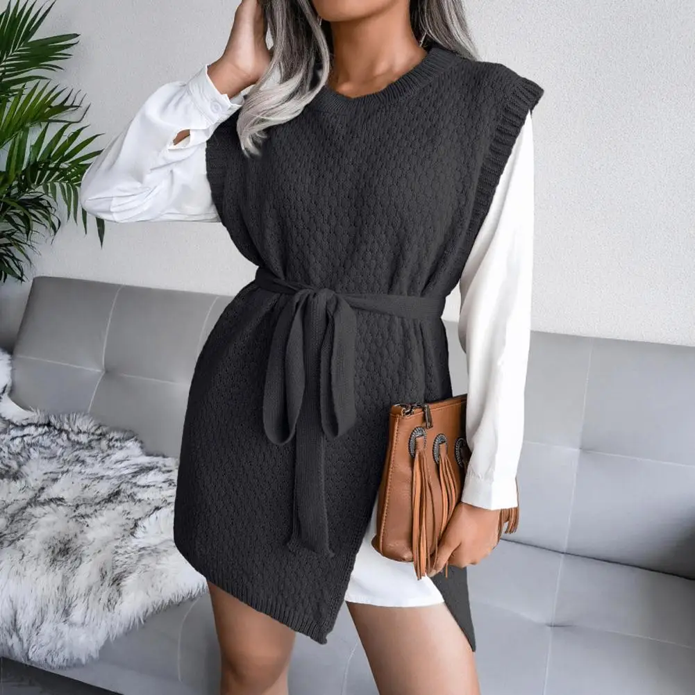 

Ladies Mini Sweater Dress 2022 Vest Dress Solid Color Split Lace-up Loose Knitting Dress for Daily Wear