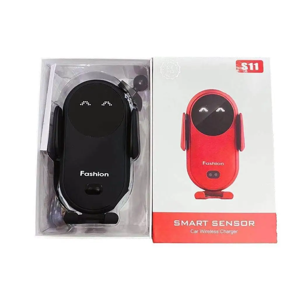 

Universal S11 Car Wireless Charger 360 Rotation Car Mobile Phone Holder Smiling Happy Face LED Light Infrared Induction Charger