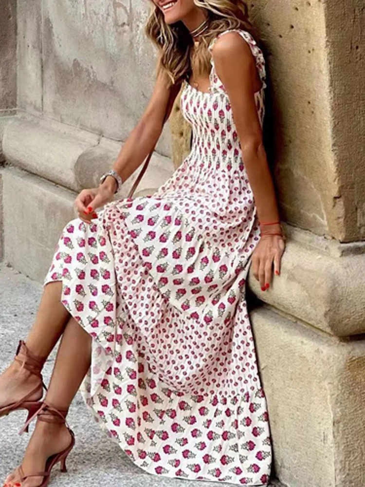 

New Sexy Sleeveless Beach Print Bohemian Dress Fashion Hollow Out High Street Robe Dress Female Slash Neck Waist Hem Long Dress