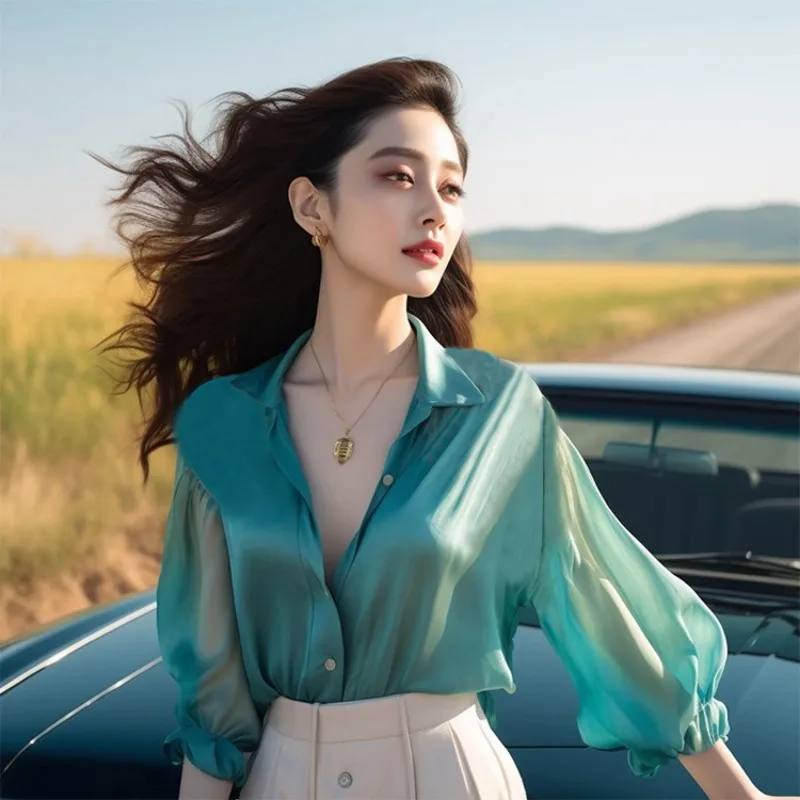 Шифоновая женская рубашка весна/лето винтажные однотонные блузки свободные