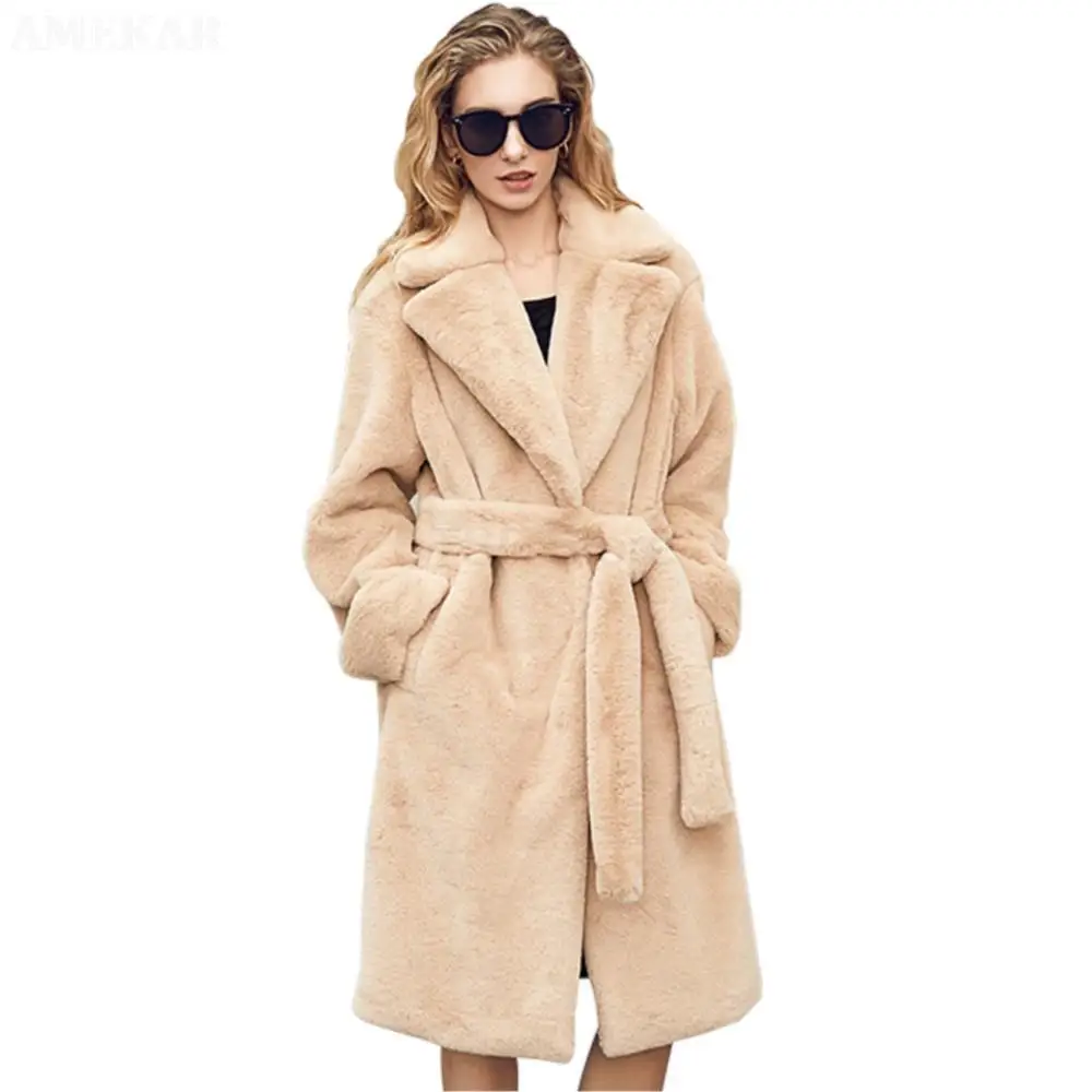 Women Thicken Real Mink Fur Cardigan Windbreaker  Fashion Long Coats With Belted Pure Color Teddy Suede Fur Jackets For Women