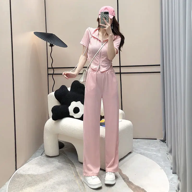 

Women's Summer Clothes Sets Tracksuit Outfits Solid Color Hooded-Neck Short Sleeve Crop Tops High Waist Wide Leg Pants for Girls