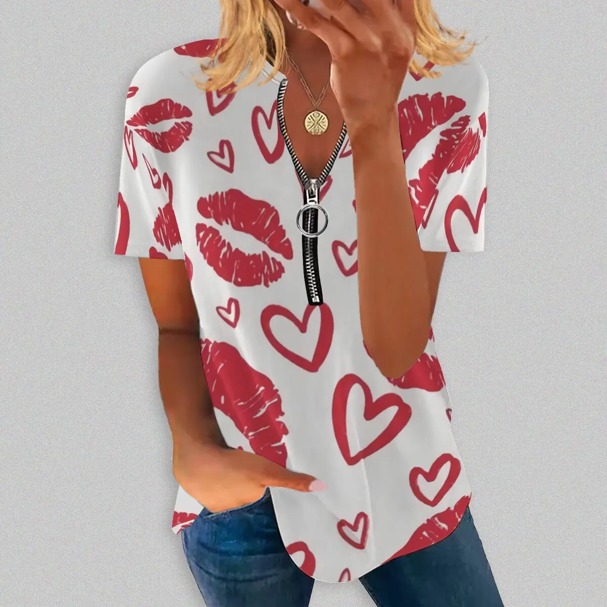 

Летняя новинка, Модный женский топ с круглым вырезом и длинным принтом на молнии, с коротким рукавом, повседневная фотография