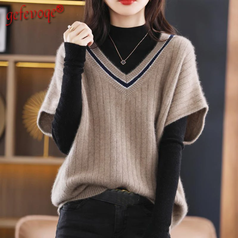 

Women's 2022 Fall/Winter Student Casual Top Sleeveless Vest Solid Color V-neck Retro Oversized Wild Knitted Sweater Vest