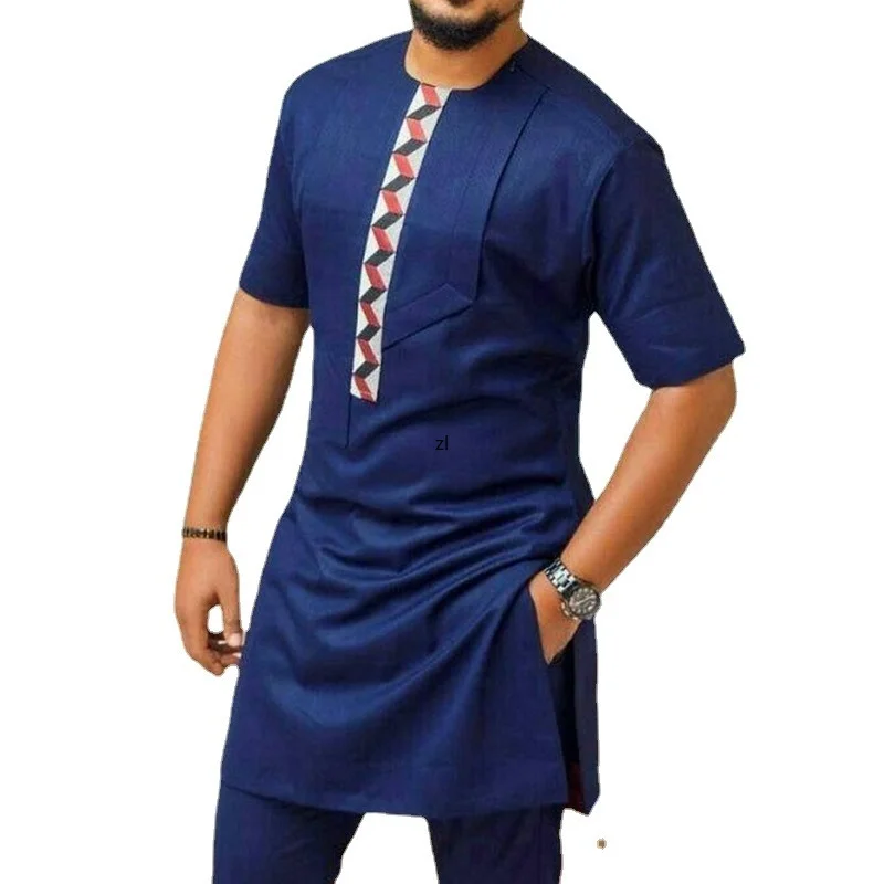 

Loose Short Sleeve Color Block Man Tee Rich Bazin African Men's Long T-Shirt Casual Tshirt Muslim Clothing Tops Fashion
