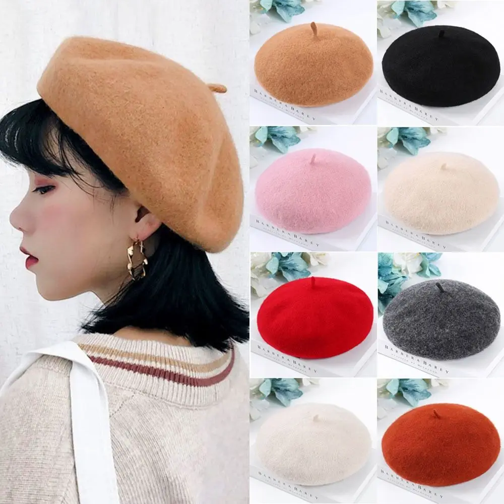 

Women Girls Beanie Solid Color Retro Vintage Felt Berets Flat Cap Hat Wool Beret Cap Beret Hat