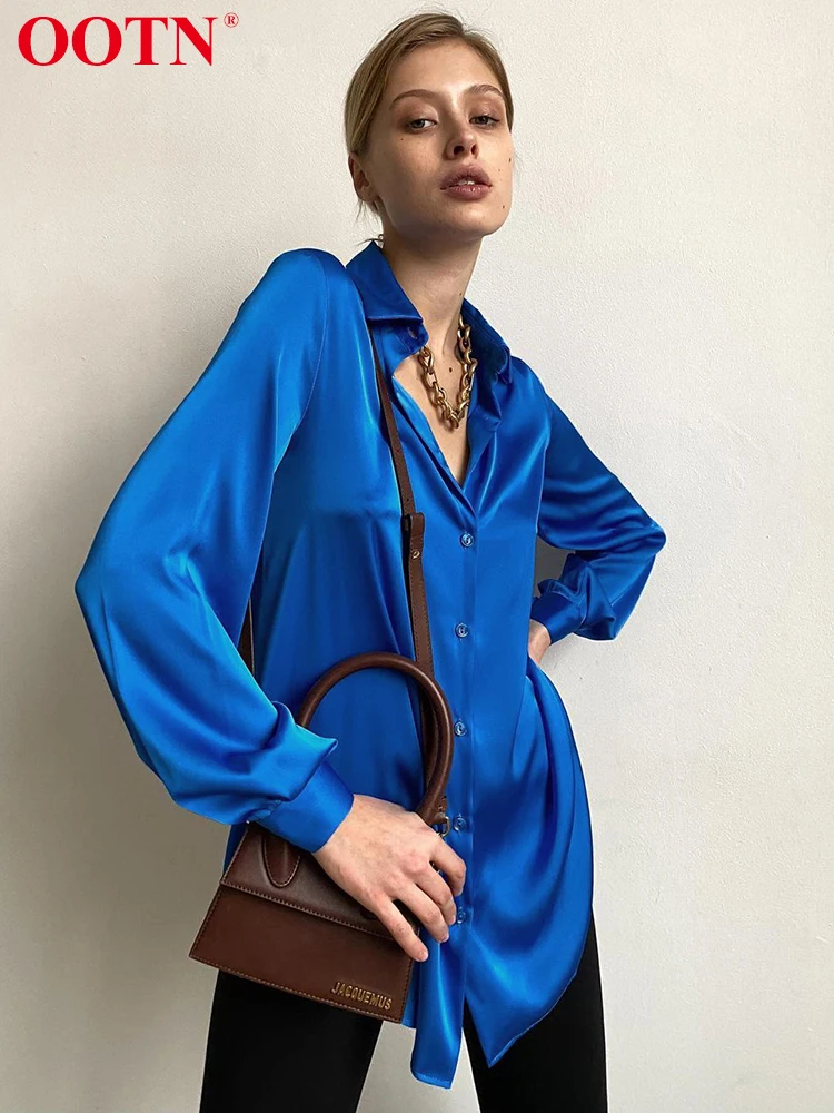 

OOTN Office Satin Women's Shirt Polo Collar Elegant Shirts Women Blouse 2022 Spring Summer Irregular Hem Long Sleeve Top Female