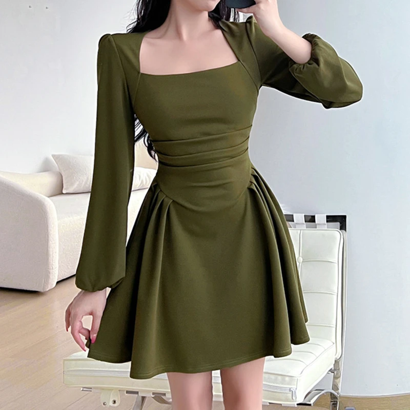 

Elegant Puff Sleeve Women Dress Vintage Square Collar Corsets Folds Ladies A-line Mini Dresses 2023 Spring Summer Female Vestido