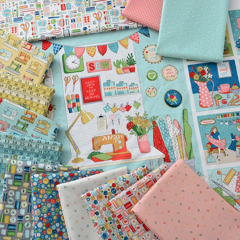 

145x50cm Home Small Flower Dot Cotton Fabric, Making Bed Sheet Printing and Dyeing Cartoon Sewing Machine Theme Handmade Cloth