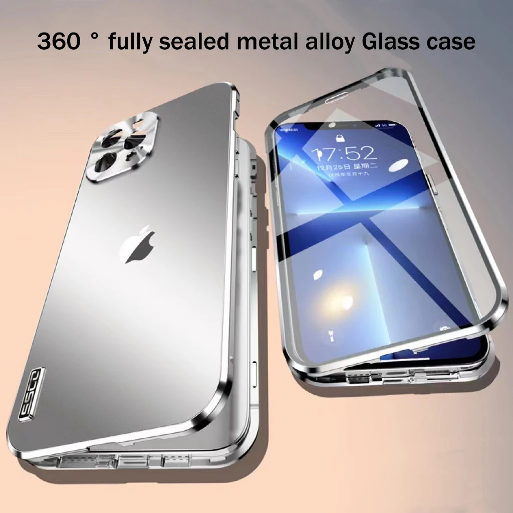 

For iPhone 14 13 12 Pro Max Case 360° Full Enclosed Metal Aluminum Alloy HD Glass Magnetic Adsorption Protection Phone Cover