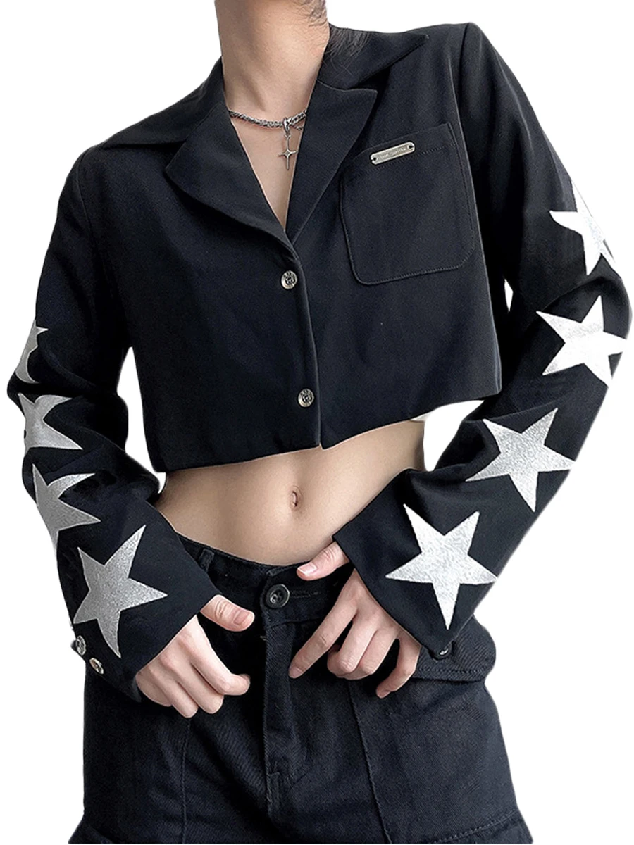 

Женская укороченная куртка с длинным рукавом и отложным воротником