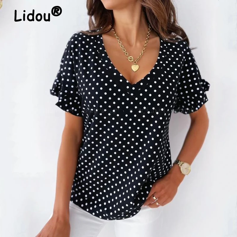 Купи Women Polka Dot Printed Tops Female Sexy V Neck Short Sleeve Loose T-Shirts Blouse Casual Summer 2022 Simple All-match Clothing за 856 рублей в магазине AliExpress