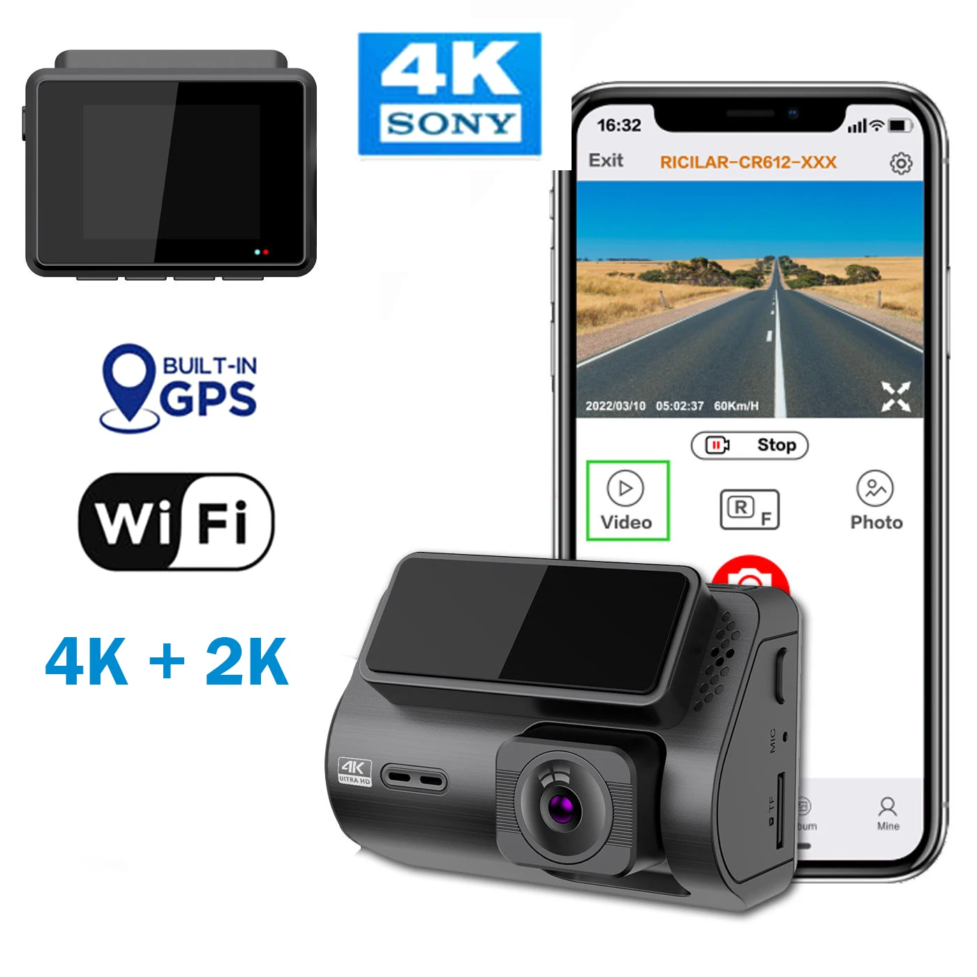 

4K WiFi Dual Dash Cam with Free APP, 2k Rear Car Camera, 24/7 Parking Mode, Super Night Vision, Motion Detection,170° Wide Angle