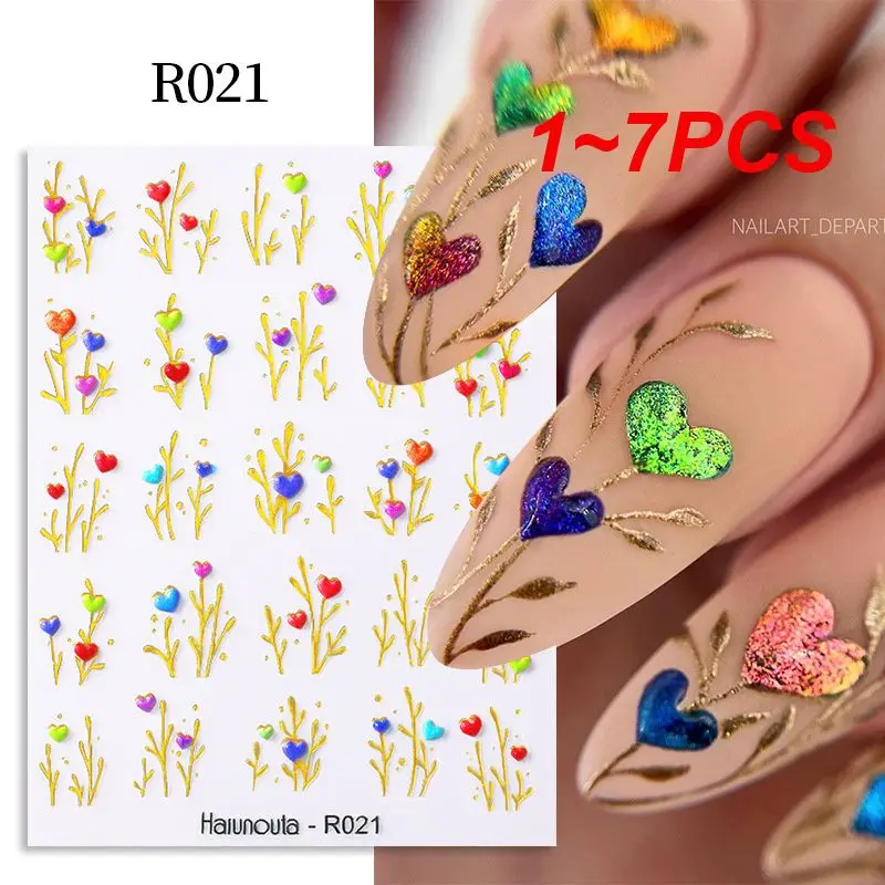 

1 ~ 7 шт. Harunouta, золотые Цветочные 5D наклейки для ногтей, рельефные цветочные сердечки, наклейки для ногтей, декоративные весенние акриловые клейкие Слайдеры для маникюра