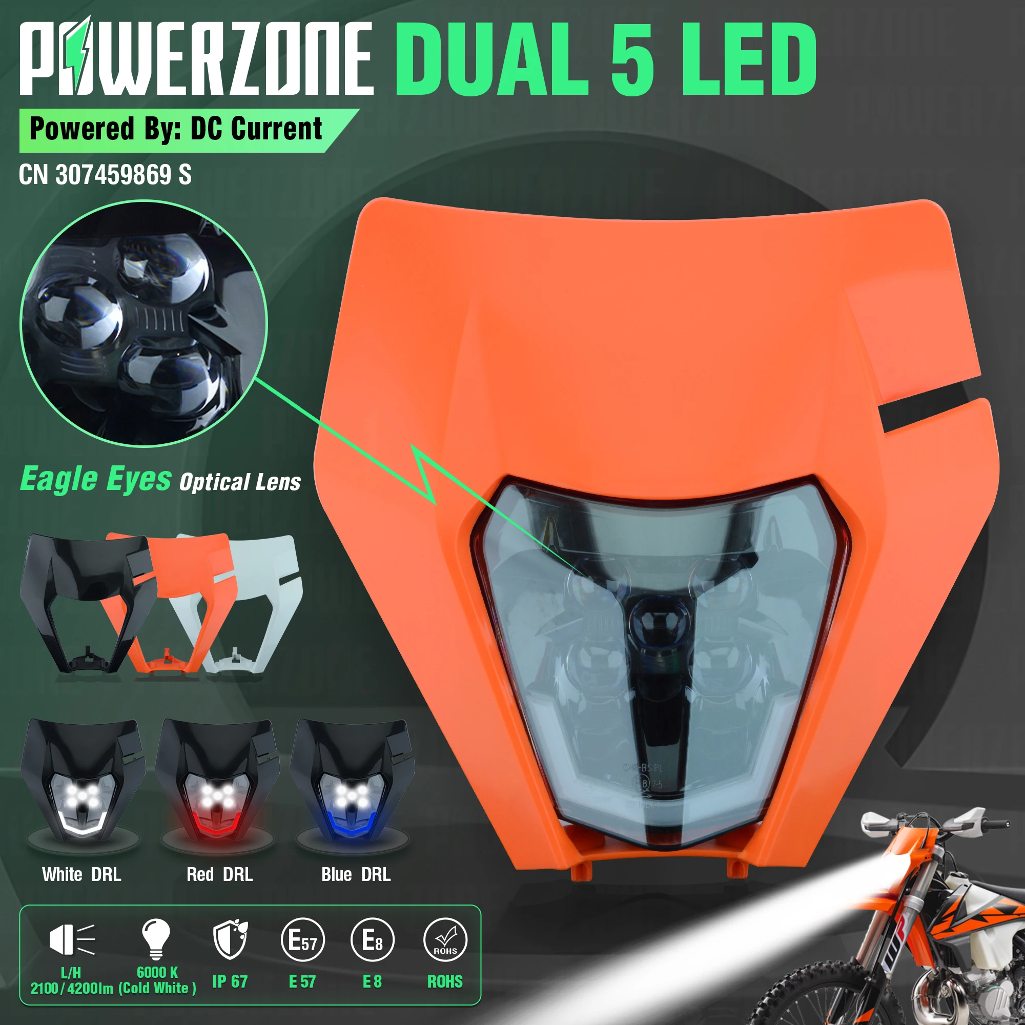 Светодиодный головной фонарь для мотоцикла PowerZone, светильник фонарь, обтекатель Supermoto для KTM EXC SXF MX, внедорожный велосипед, эндуро, светодиодный головсветильник
