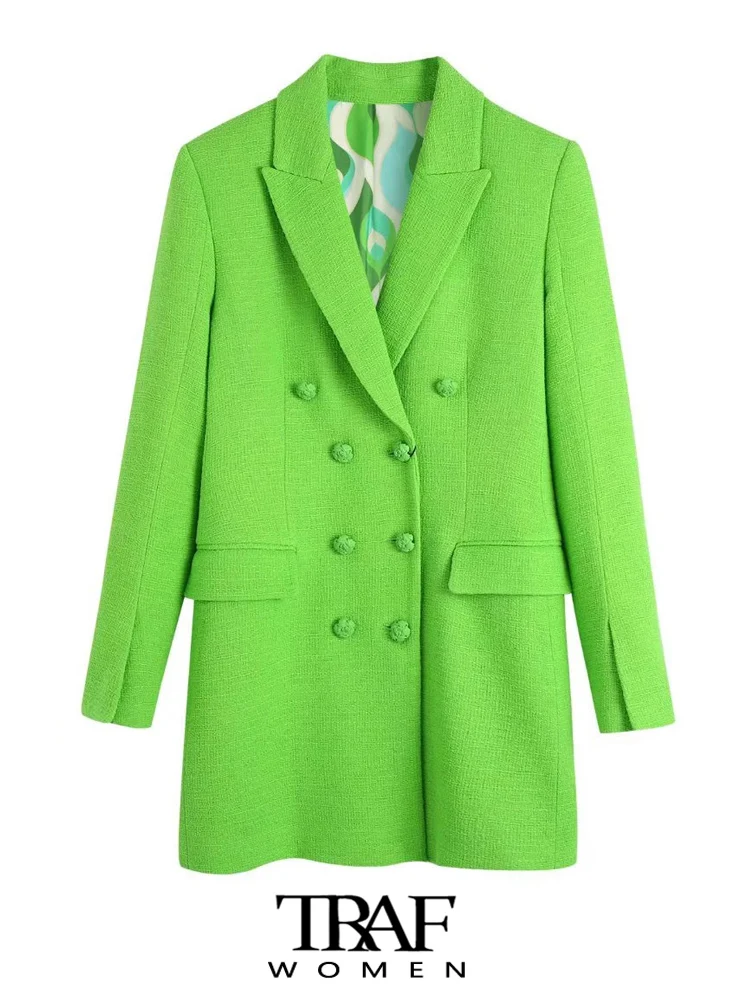

TRAF Women Fashion Tweed Double Breasted Blazer Coat Vintage Long Sleeve Flap Pockets Female Outerwear Chic Veste Femme