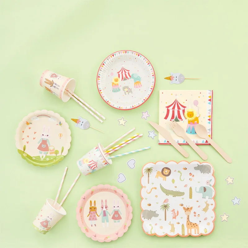 

Одноразовые тарелки с милым Кроликом, посуда для пикника, детская Праздничная кружка, салфетка, соломинки для питья, на Пасху, день рождения,...