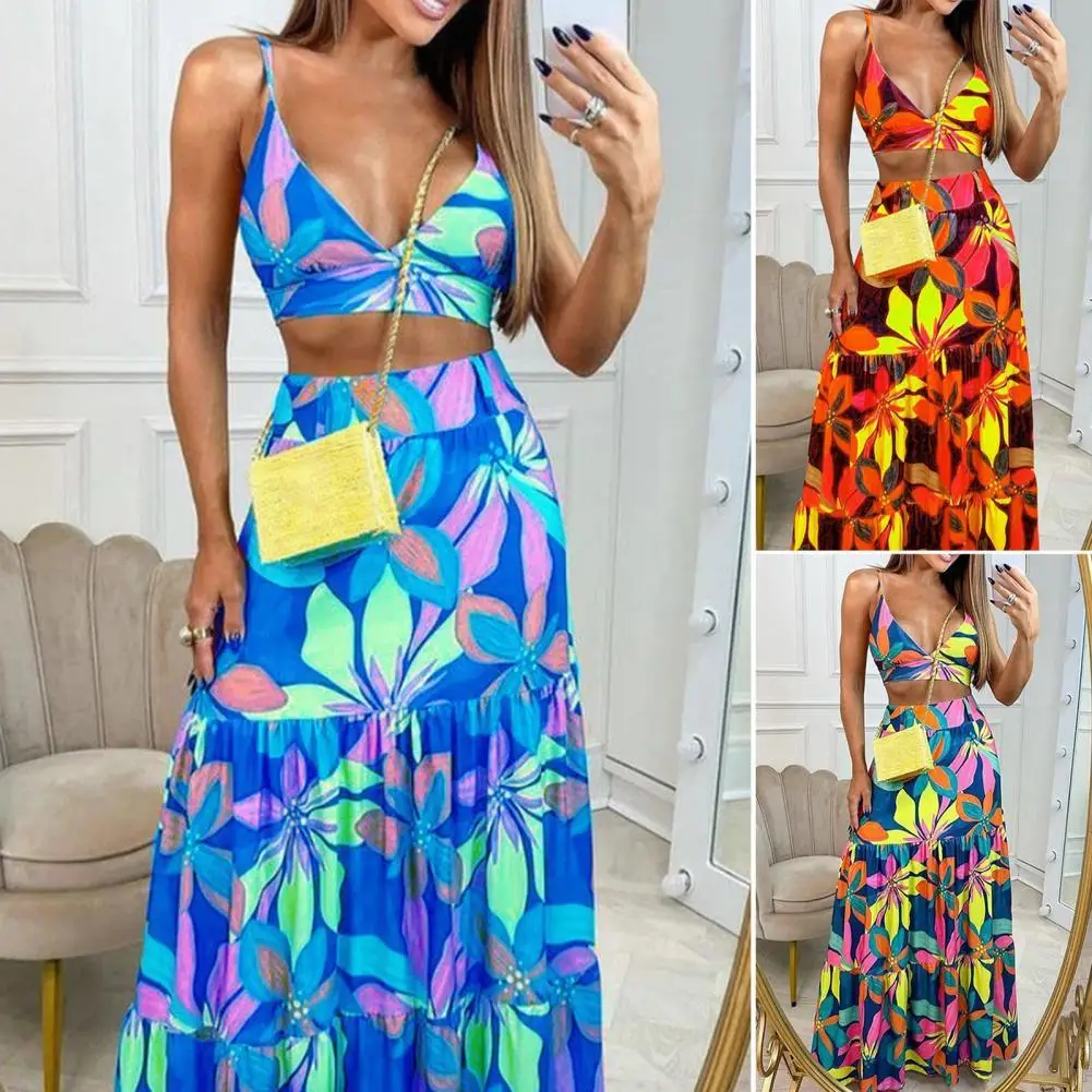 

2Pcs/Set Crop Top Skirt Sets Colorful Leaves Print Ruffles Summer Suspenders Top A-Line Skirt Beach Dress