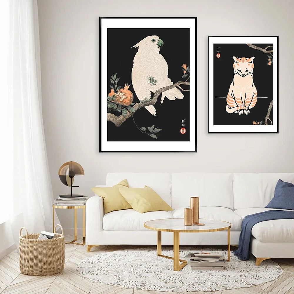 

Настенная живопись на холсте, японская кошка, попугай, антикварные художественные рисунки, винтажные настенные картины для украшения гостиной