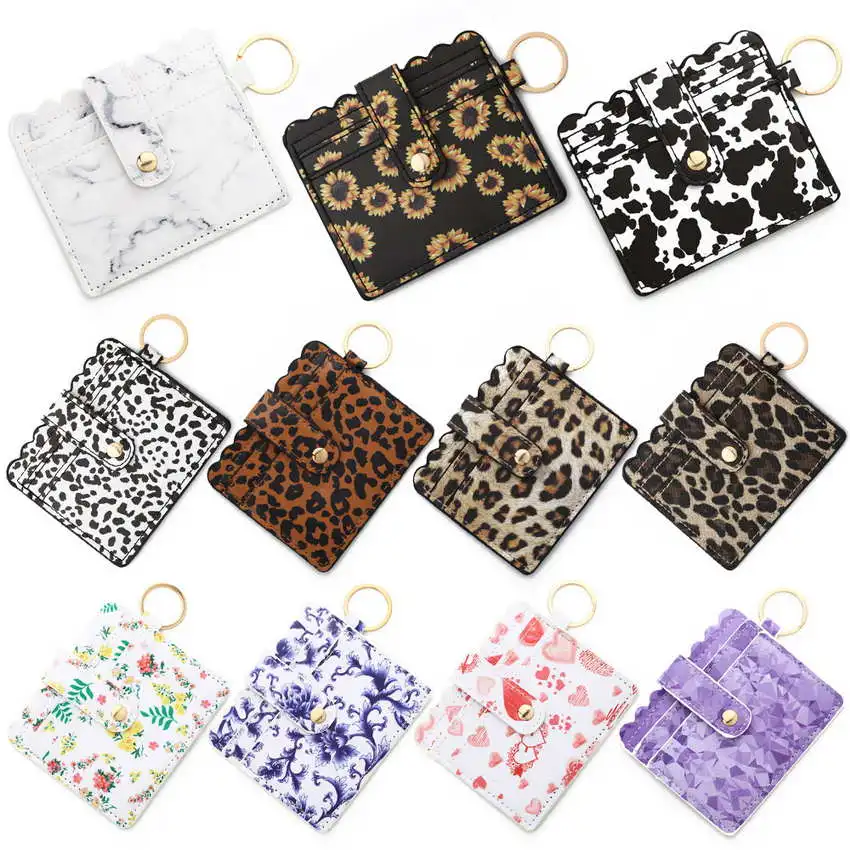 Hot Sale Popular Leopard Cow Pattern Pu Leather Id Credit Card Clip Purse Metal Keychain For Women Student Id Card Holder Wallet