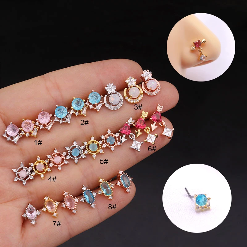 

1Pcs New Fashion L Shaped Nose Studs Piercing 20G Stainless Steel Multicolor CZ Nostril Screw Indian Nose Rings Piercing Jewelry