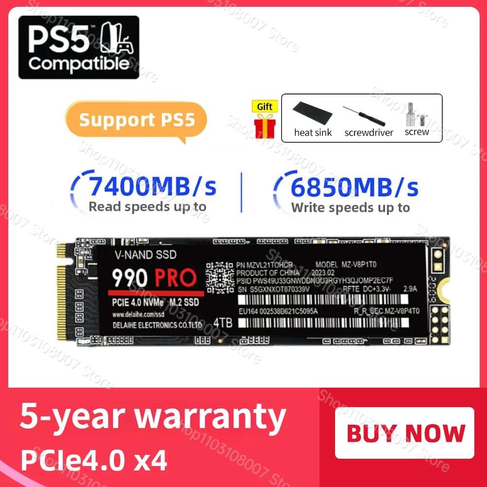 

4TB 1TB 2TB Pcie4.0 X4 SSD Sata 2280 Hard Drive Internal Solid State Disk Disco Duro SSD Nvme M2 Desktop for Laptop PS5