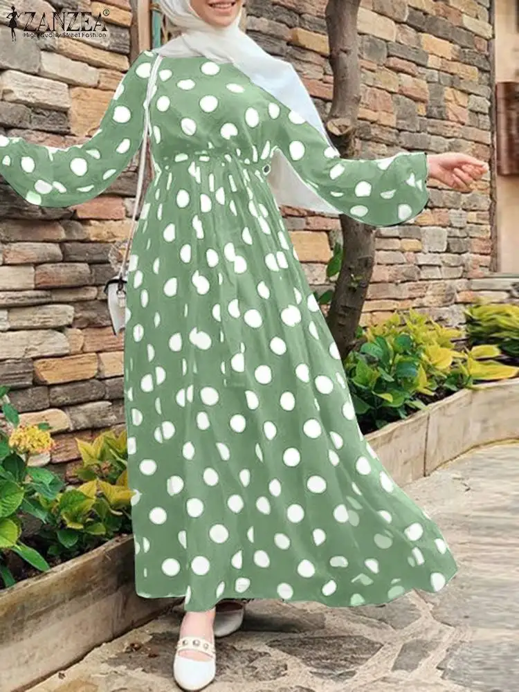 ZANZEA Women Summer Print Muslim Dresses Kaftan Polka Dots Dress Casual Puff Sleeve Maxi Vestidos Female Turkish Robe Femme 7