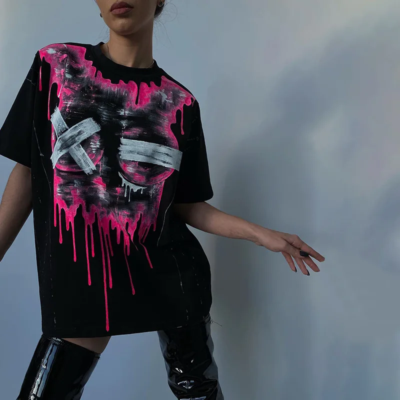 

Shirts Women Y2k Aesthetic 2022 Summer Casual Printed Round Neck Loose Short-sleeved T-shirt Punk Clothes Graphic Tees for Woman