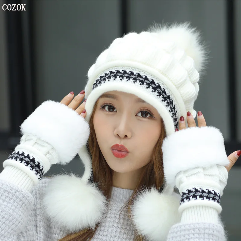 Winter Women Sweet And Cute Ear Protectors Knitted Hat Thicken Keep Warm Fashion Trend Rabbit Fur Cap Wild Deportes Y Ocio Gorro