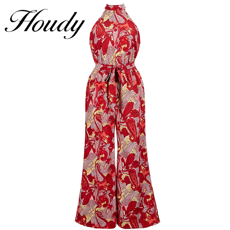 

Summer New Style Red Ladies Bohemian Halter Jumpsuit Sexy Party Women Sleeveless Off-Shoulder Feather Print Wide-Leg Costume