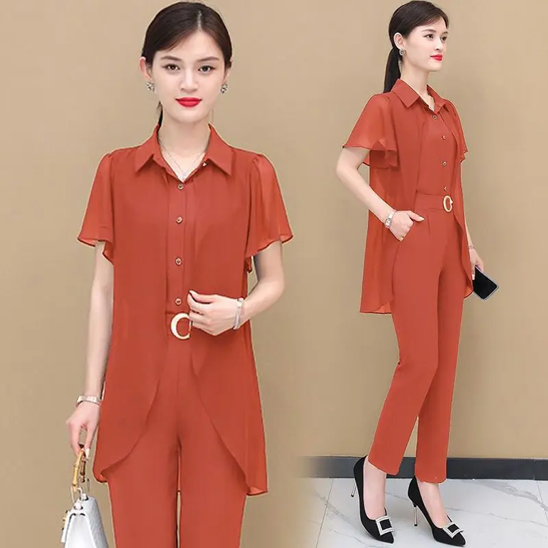 Short sleeved fashion suit ladies chiffon shirt 2023 summer new loose top casual sports single/suit