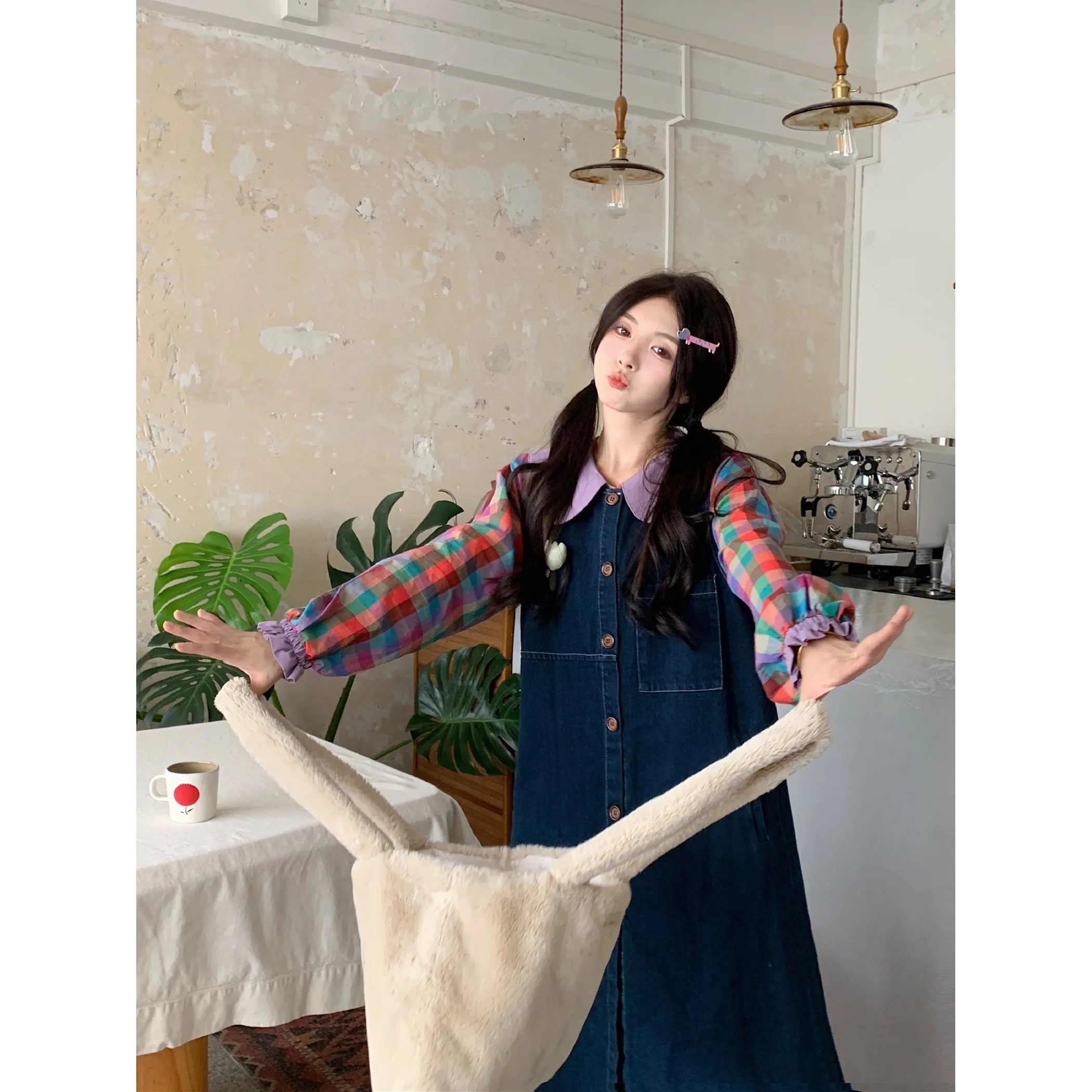 Корейская серия Ретро Контрастный цвет Кукольный воротник Радужные клетчатые