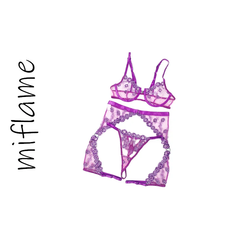 Miflame-Sexy underwear, lace embroidery, brassiere, sexy underwear set, three-point underwear