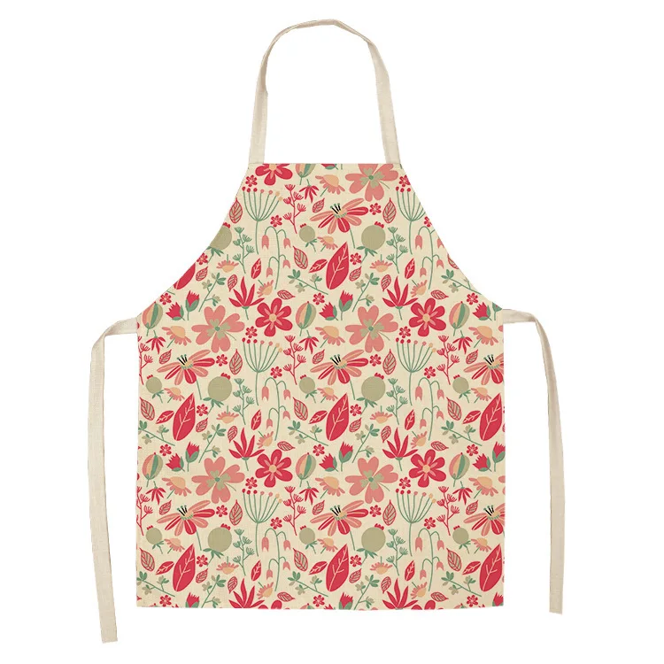 

1Pc Pink Floral Kitchen Cooking Aprons For Women Chefs Baking Bibs Cotton Linen Household Cleaning Apron Delantal Cocina Mujer