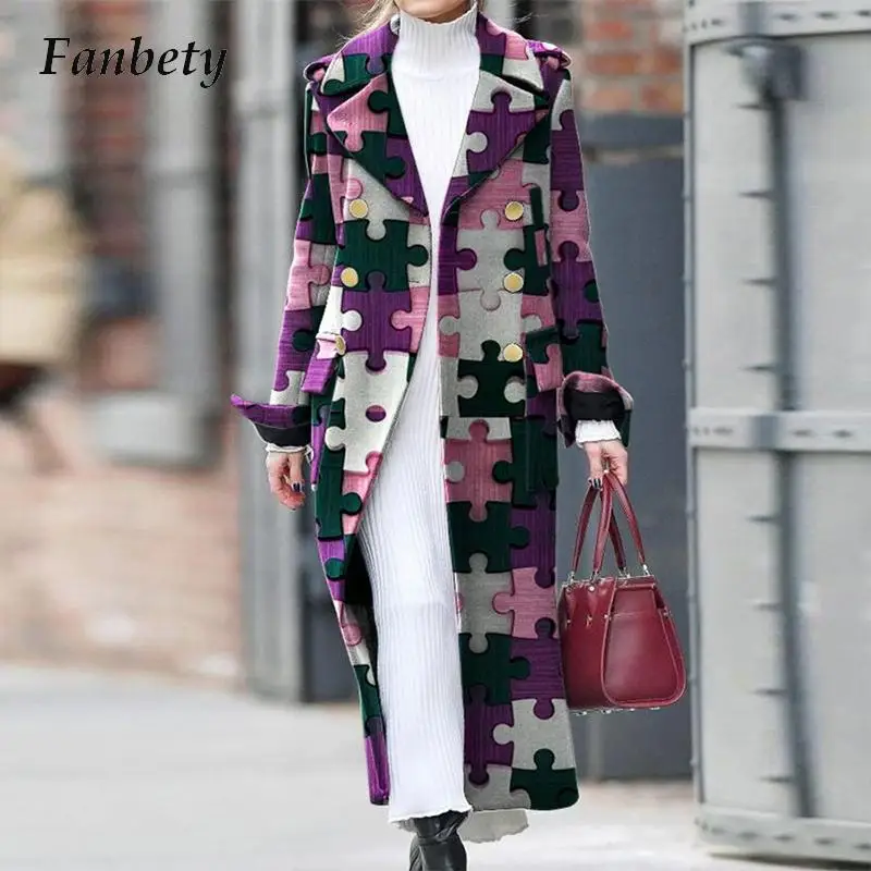 

2022 Fashion Lapel Long Sleeve Straight Overcoat Autumn Women Puzzle Print Long Coat Elegant Color Block Loose Vintage Wool Coat