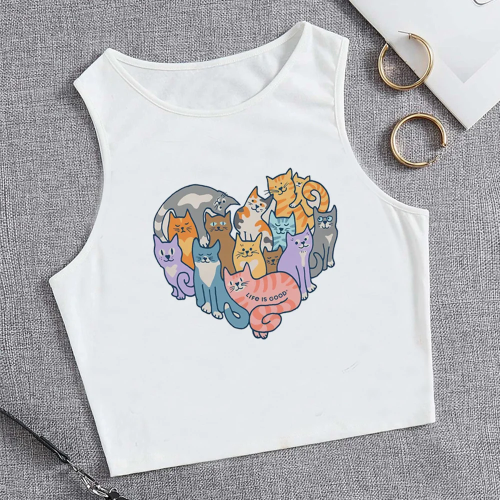 

funny cat tank top graphic yk2 2000s crop top Female Kawaii 90s aesthetic yk2 tshirt clothes