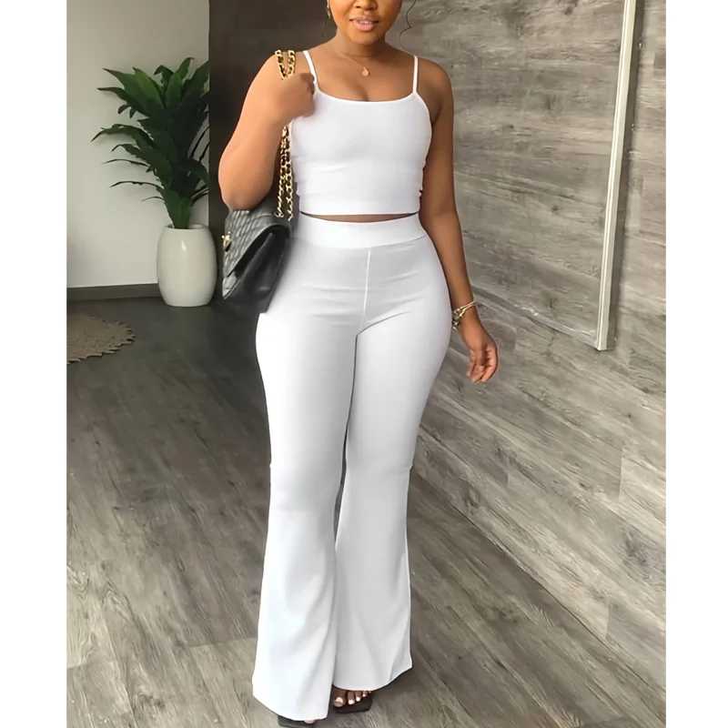 

2022 Elegant Women Chic Two Piece Set Solid Color Crop Tank Top and Wide Leg Pants Set
