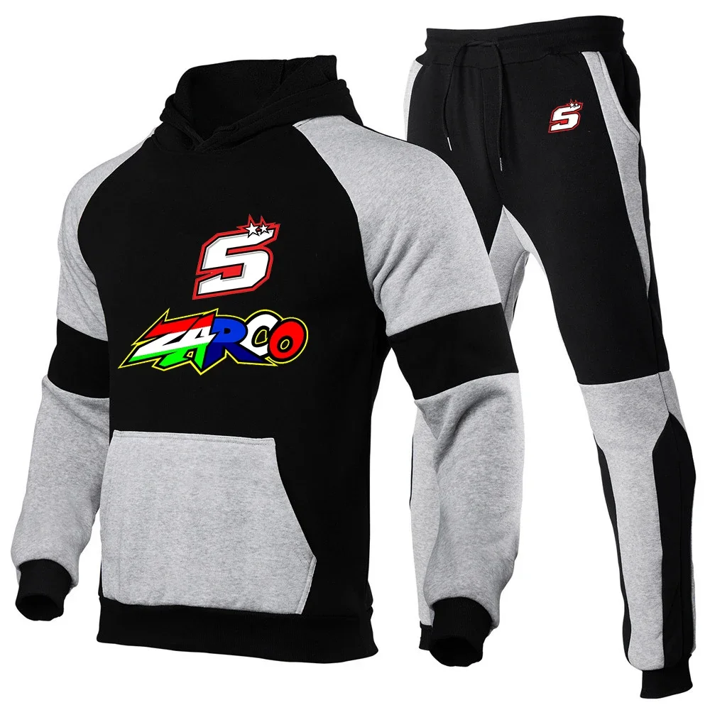 2024 Spring Autumn Men Moto Rider JOHANN ZARCO No. 5 Logo Print Fashion Pullover Hoodies+Streetwear Casual Sweatpants Splice Set
