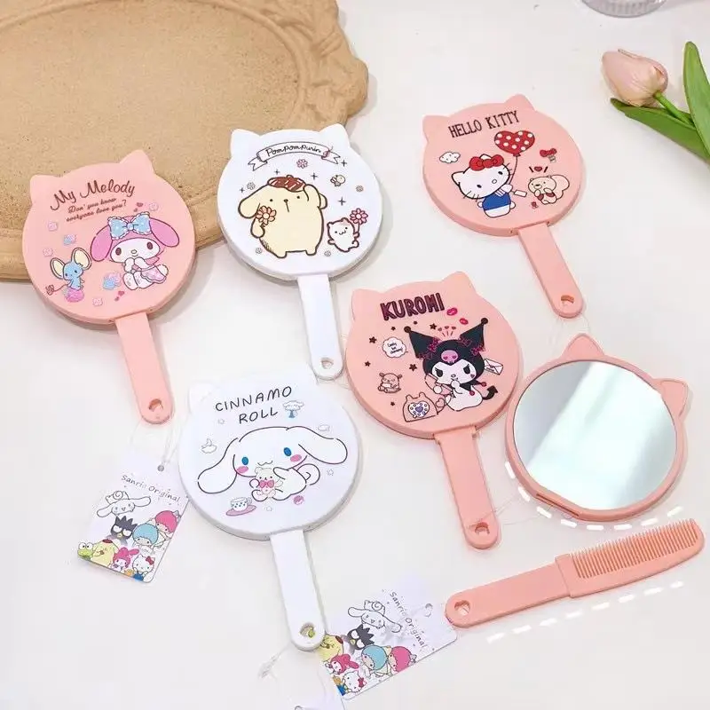 

Kuromi Hello Kitty Mirror Hand Held Sanrio Mirror+Comb Set My Melody Portable Handle Mirrors Kawaii Round Mirrors Girl Gift